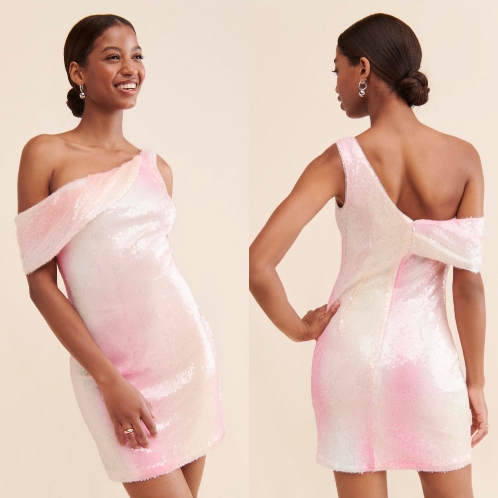 Halston Lydia Sequin One Shoulder Mini Dress‎ NWT Pink - 12
